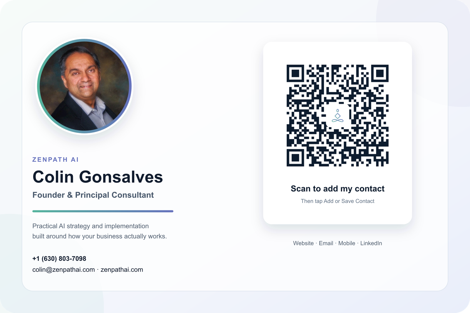 Digital business card for Colin Gonsalves with a QR code for saving his contact information